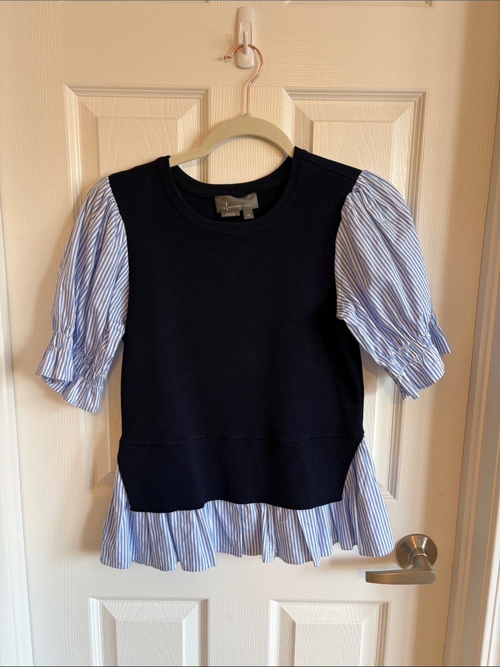 Adorable. Anthropologie Navy Knit Top with Blue & White Striped Puff Sleeves